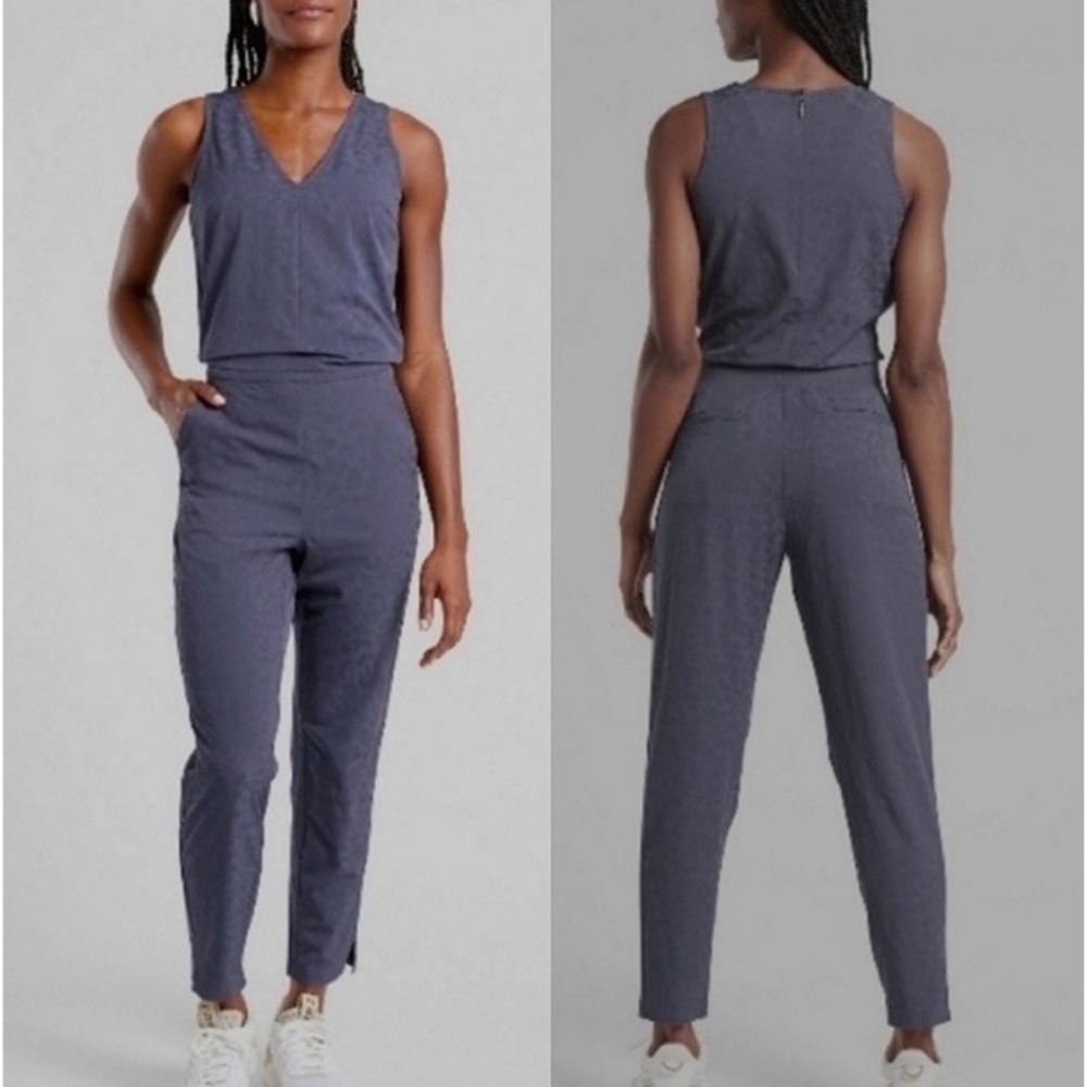 Athleta Brooklyn Jumpsuit Womens 2 Tall Blue Textured Animal Print Athleisure